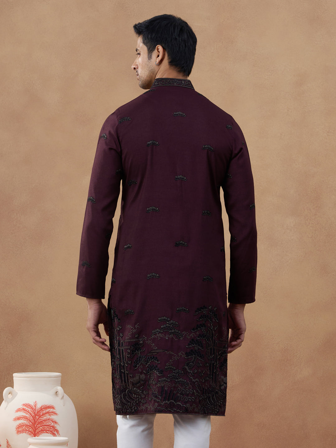 Maroon Black Motif Embroidered Kurta Set