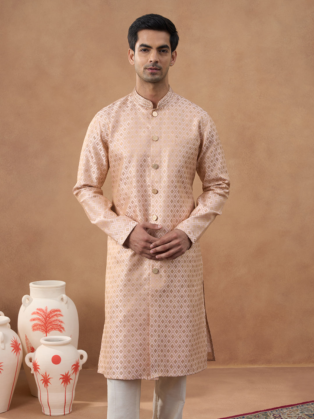 Peach Brocade Front-Open Kurta Set