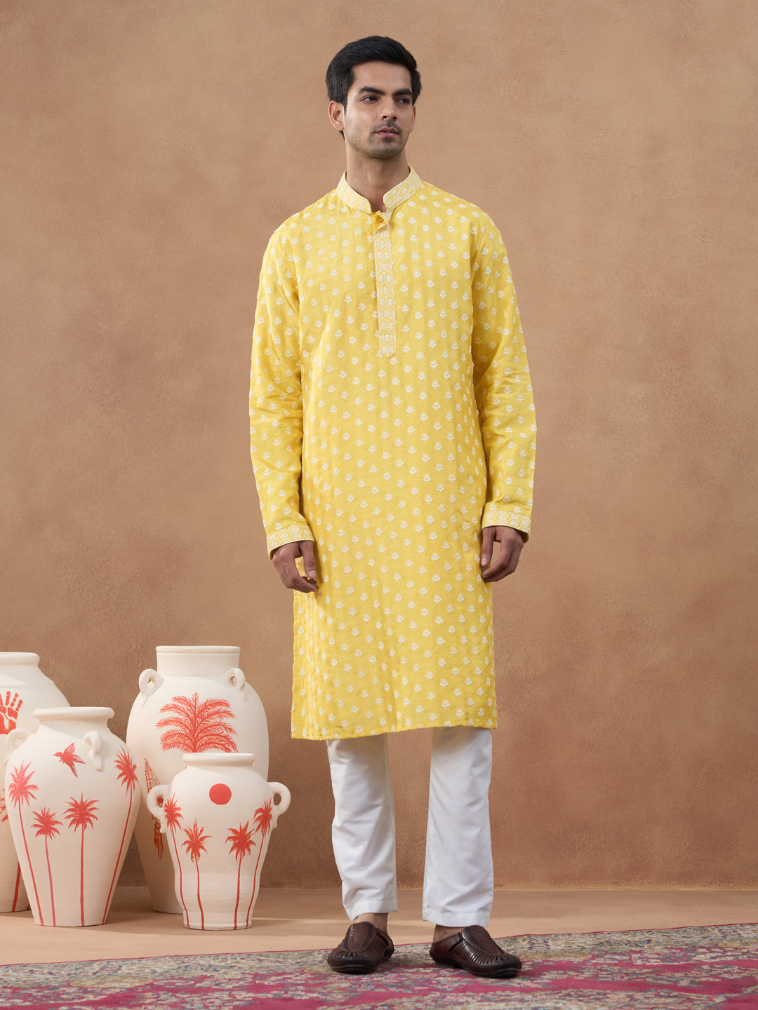 Yellow Self Embroidered Kurta Set