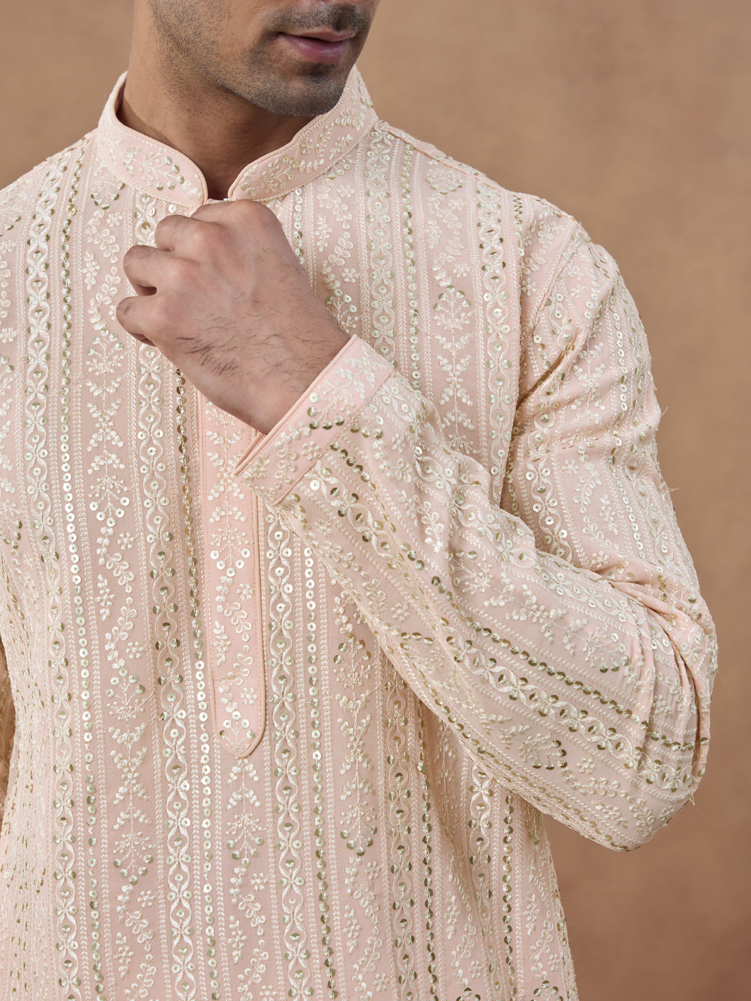 Pastel Peach Sequin Embroidered Kurta Set