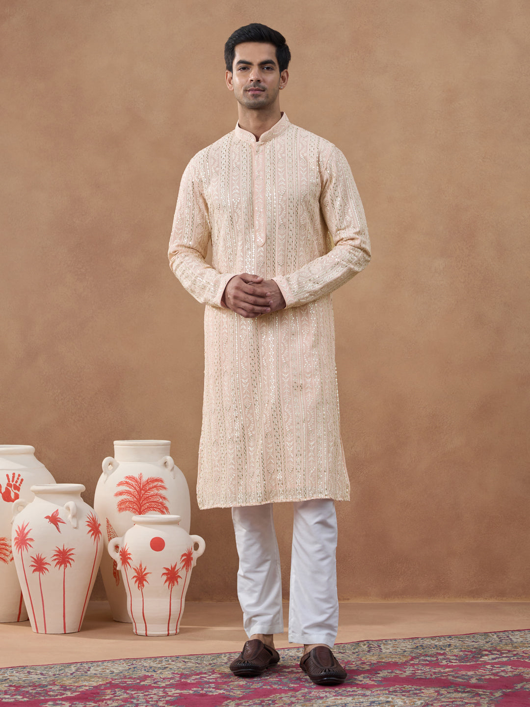 Pastel Peach Sequin Embroidered Kurta Set