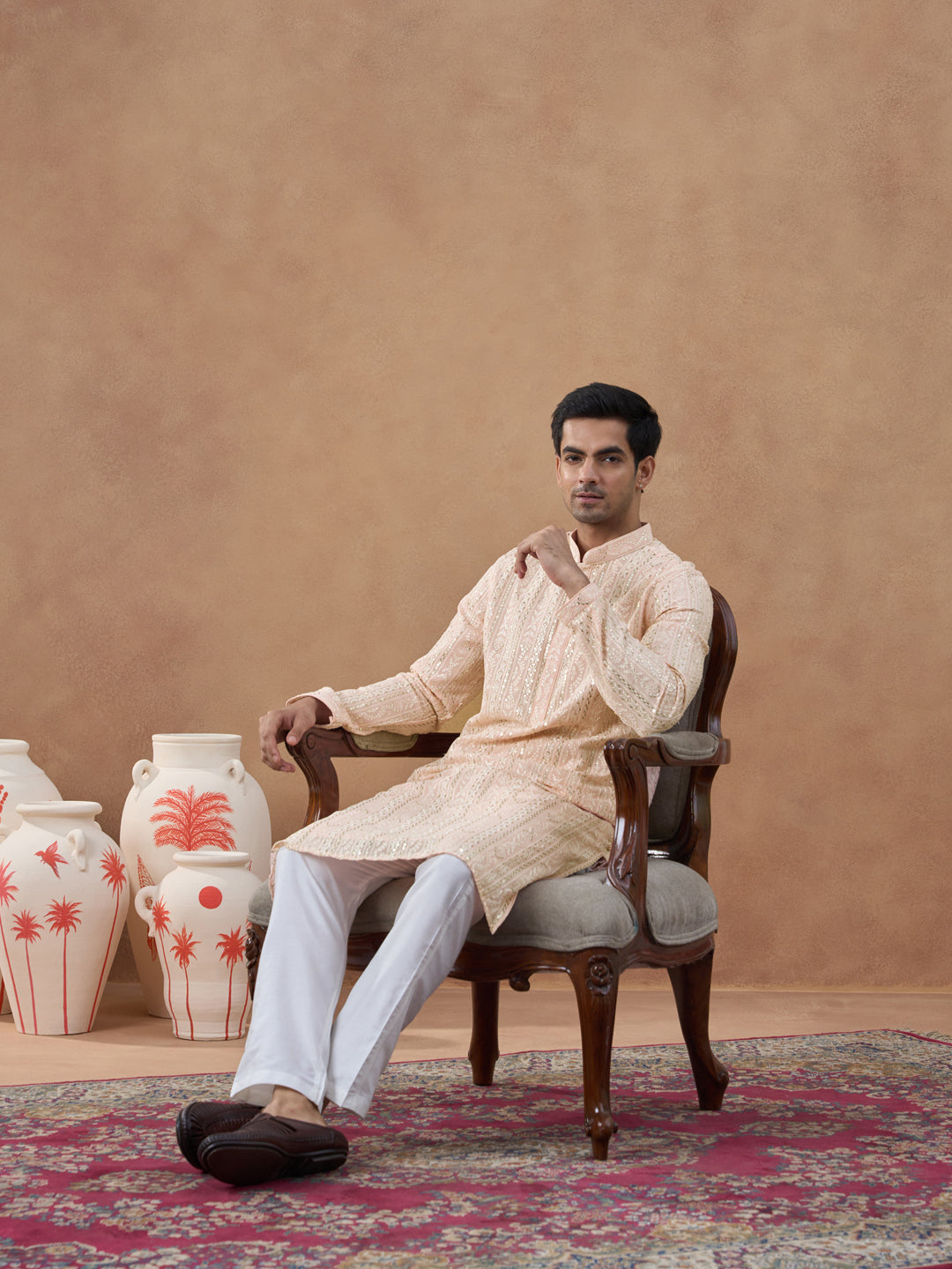 Pastel Peach Sequin Embroidered Kurta Set