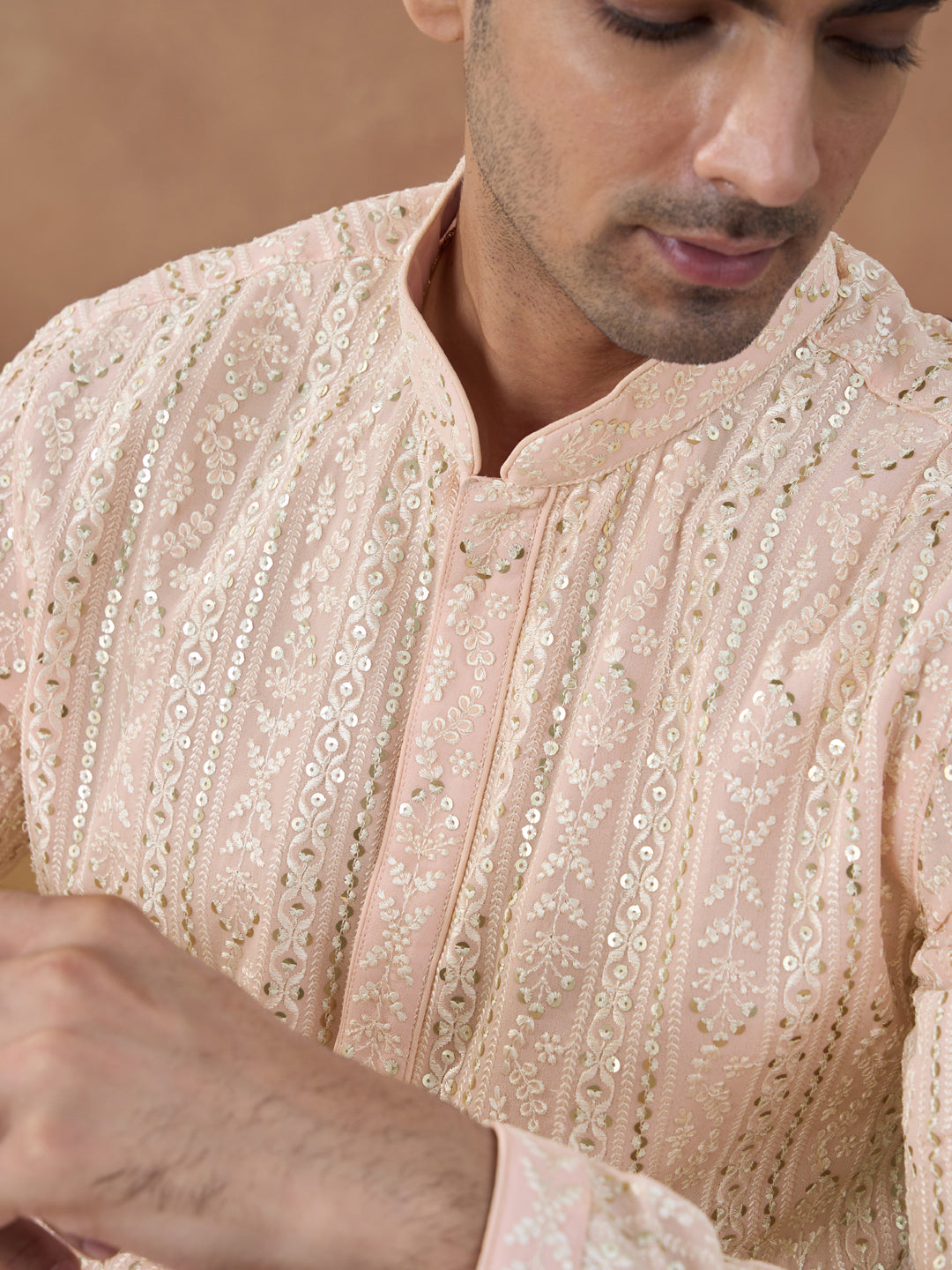 Pastel Peach Sequin Embroidered Kurta Set