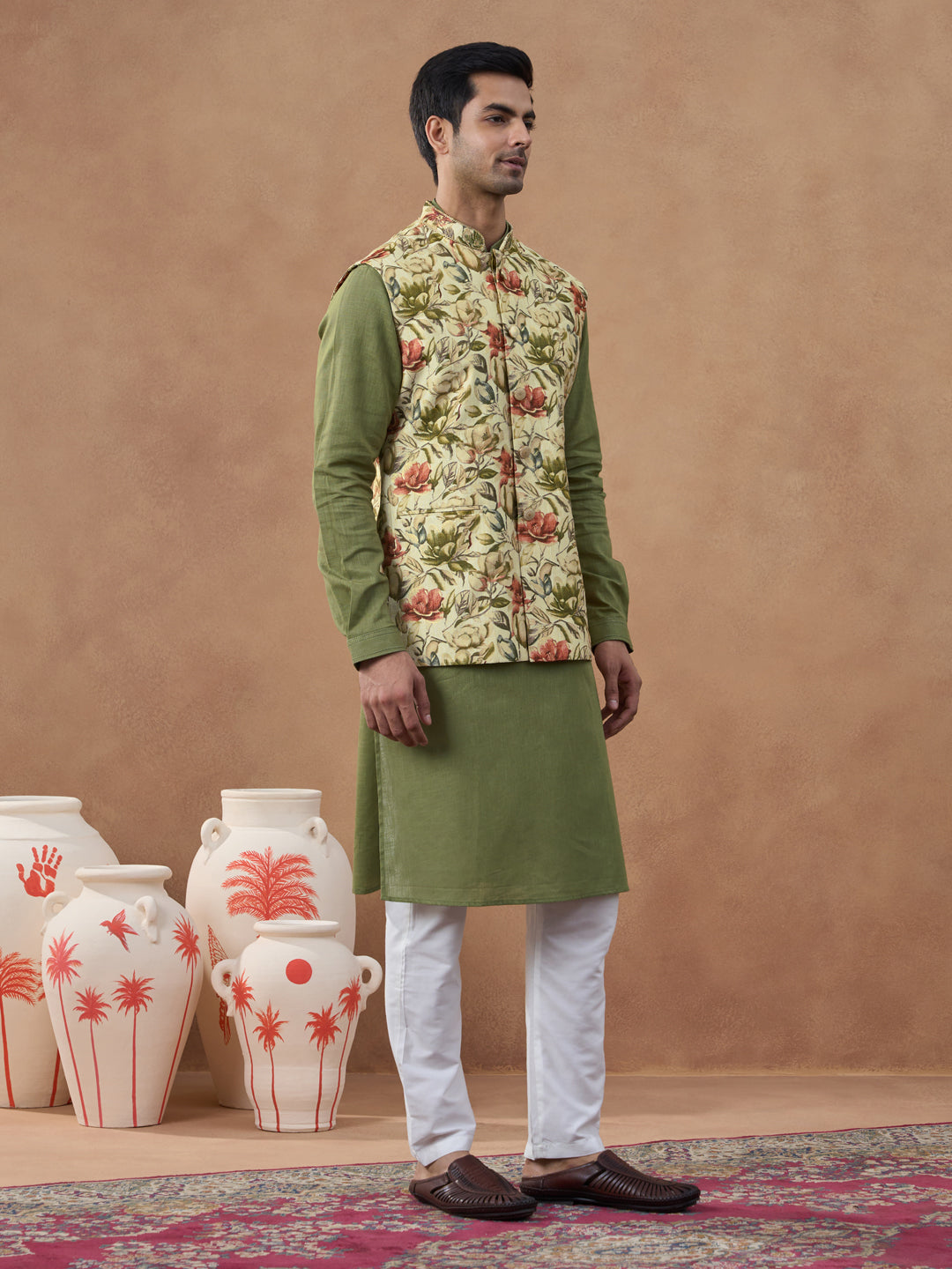 Sage Green Floral Print Bundi With Kurta Set