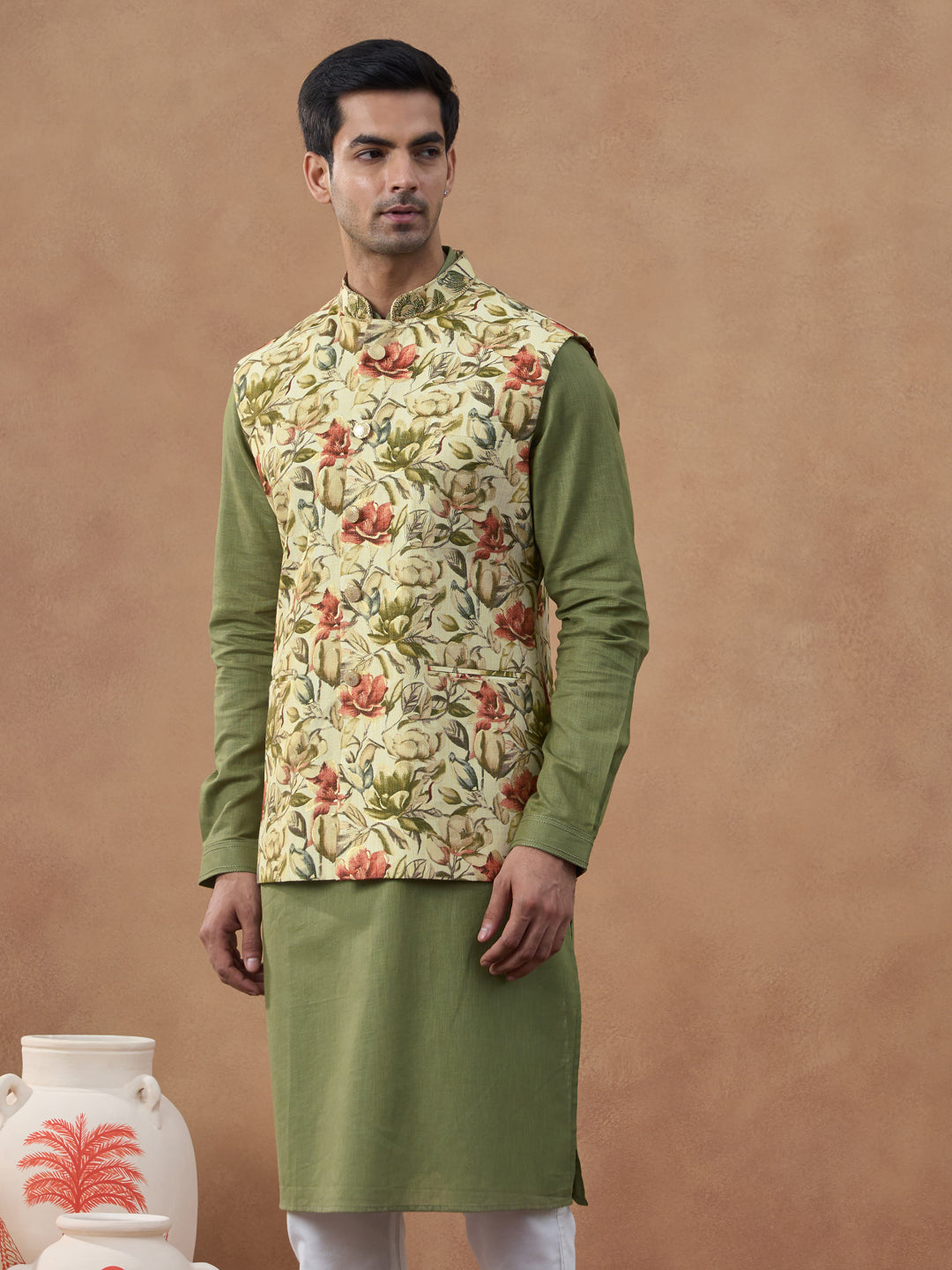 Sage Green Floral Print Bundi With Kurta Set