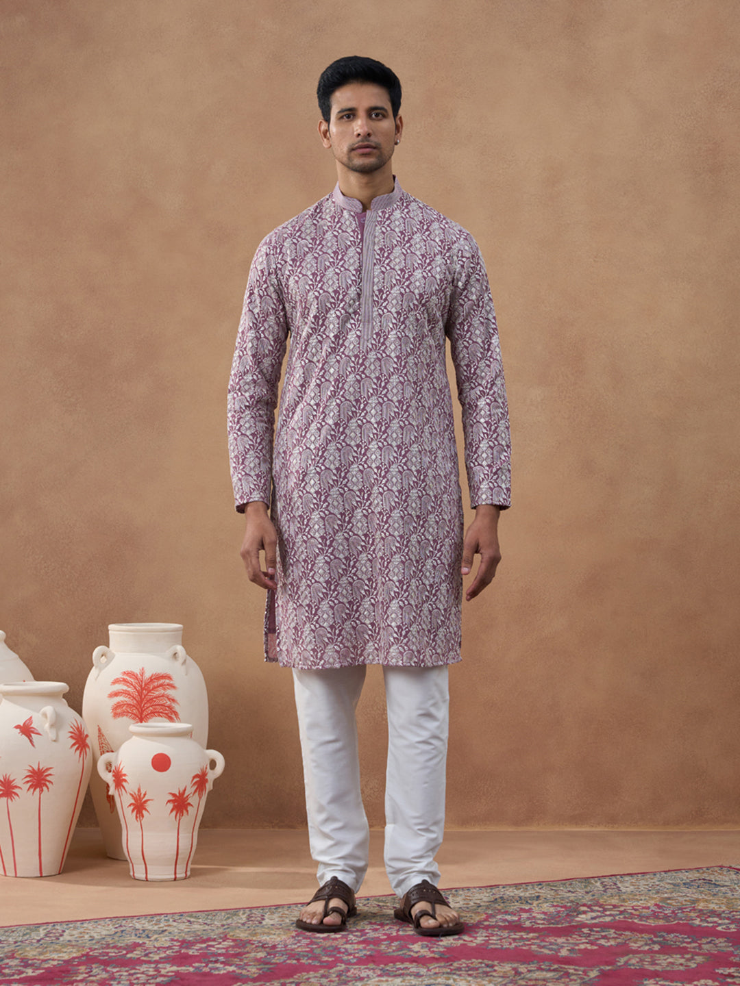 Lavender Textured Brocade Kurta Set
