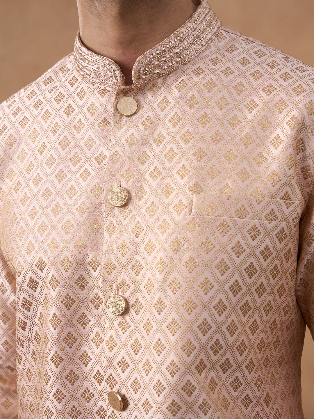 Peach Brocade Front-Open Kurta Set