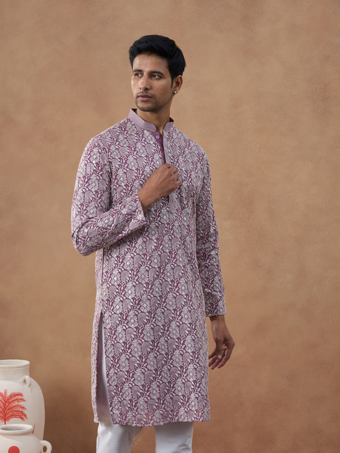 Lavender Textured Brocade Kurta Set