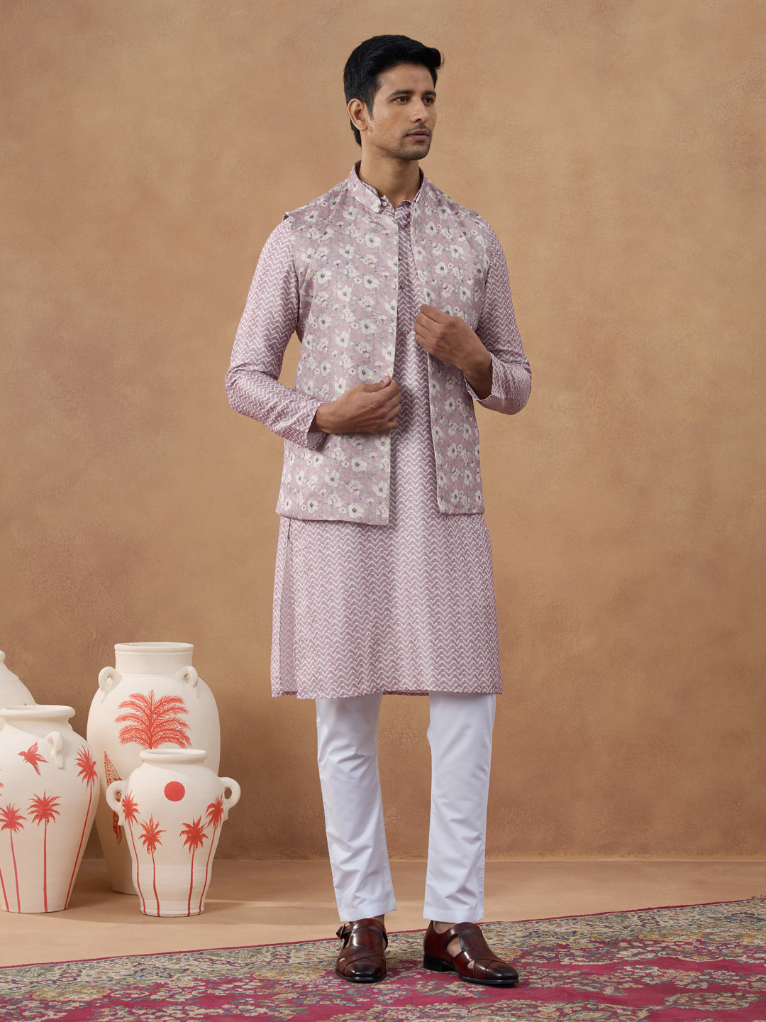 Pastel Pink Floral Jacket & Kurta Set
