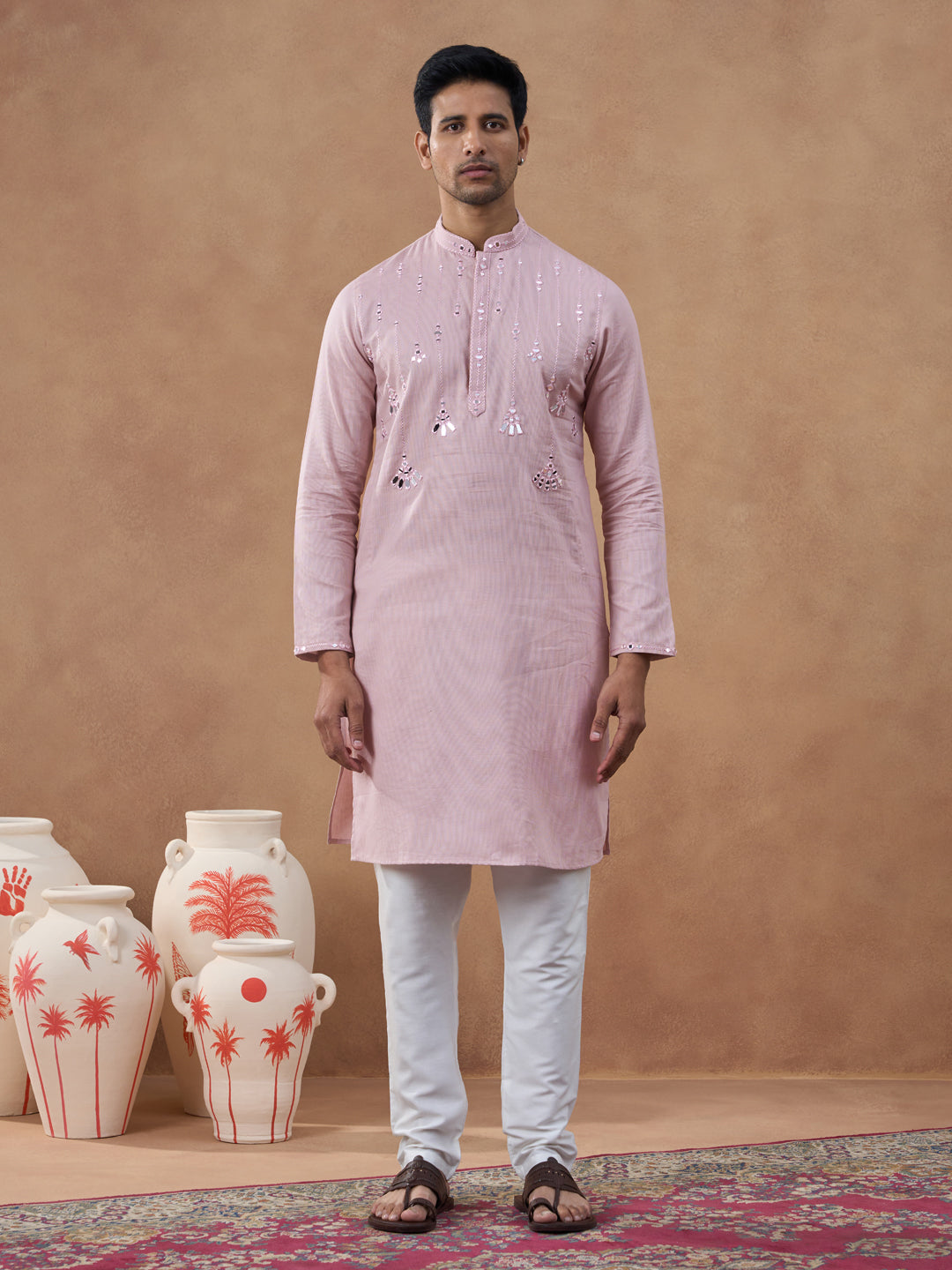 Peach Mirror Embroidered Kurta Set