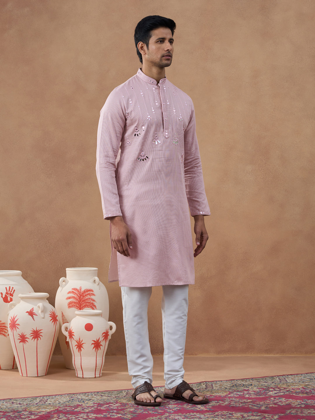 Peach Mirror Embroidered Kurta Set
