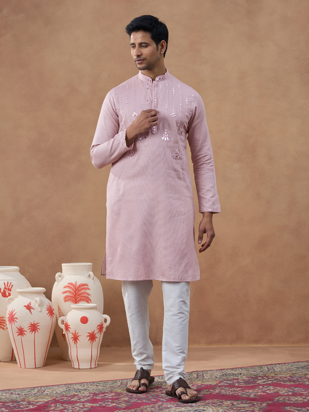 Peach Mirror Embroidered Kurta Set