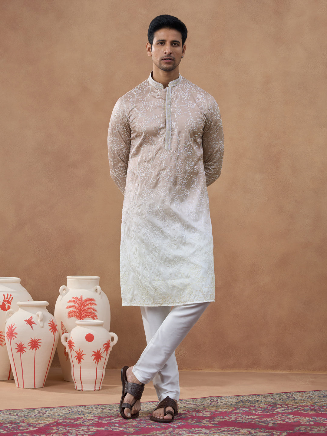 Beige Floral Embroidered Kurta Set