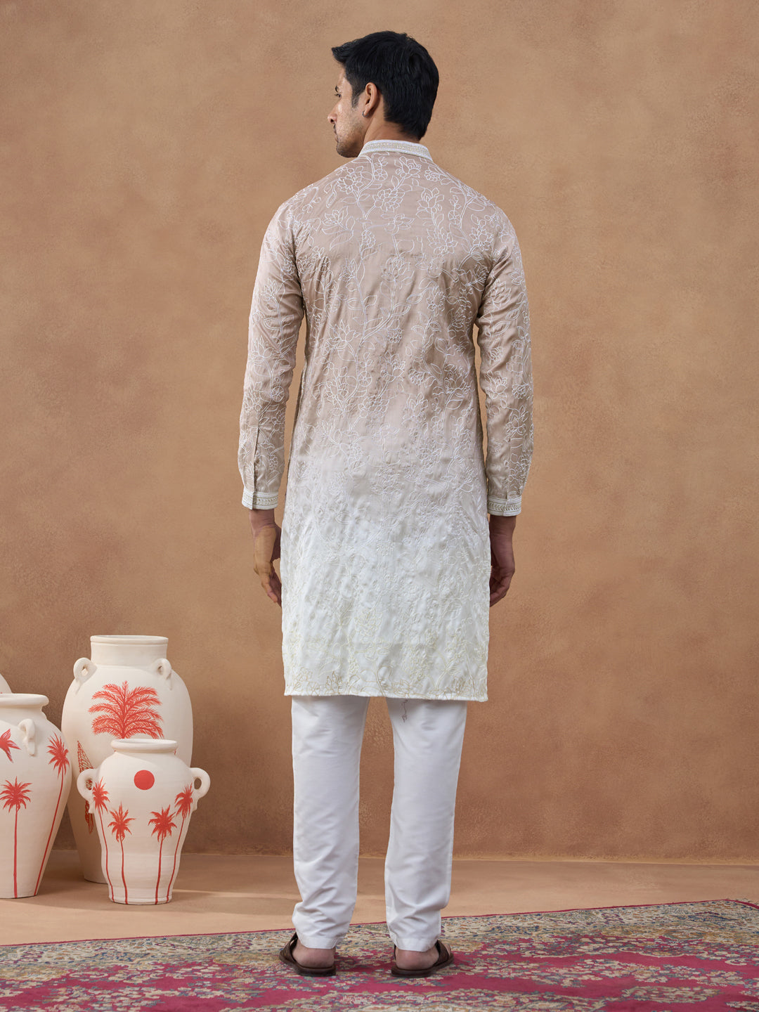 Beige Floral Embroidered Kurta Set