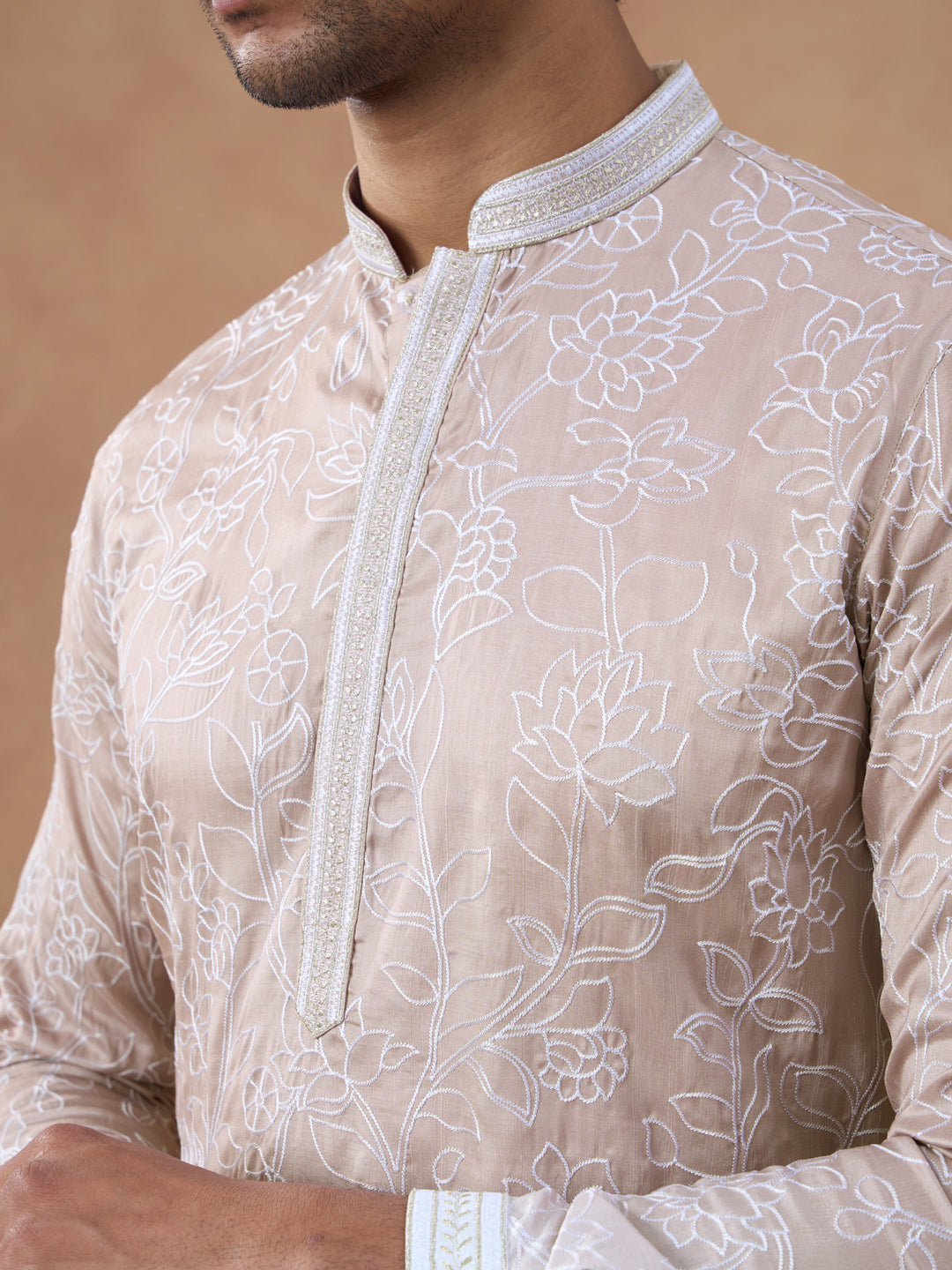 Beige Floral Embroidered Kurta Set