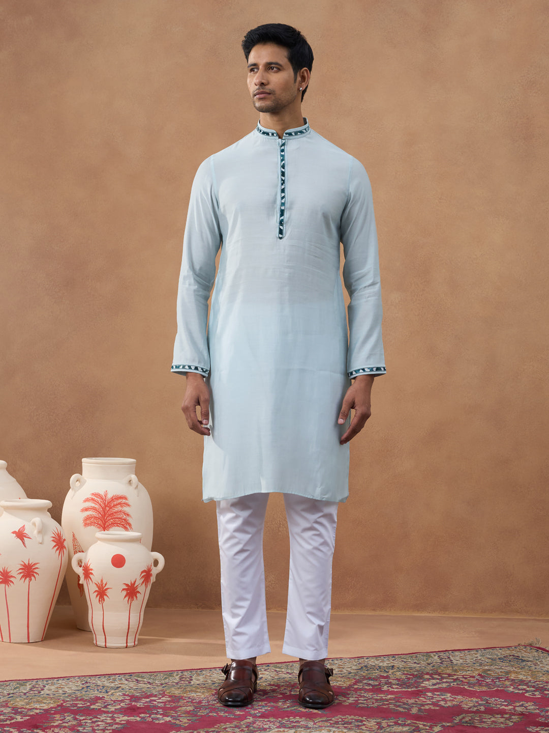 Light Blue Ikat Print Bundi With Kurta Set