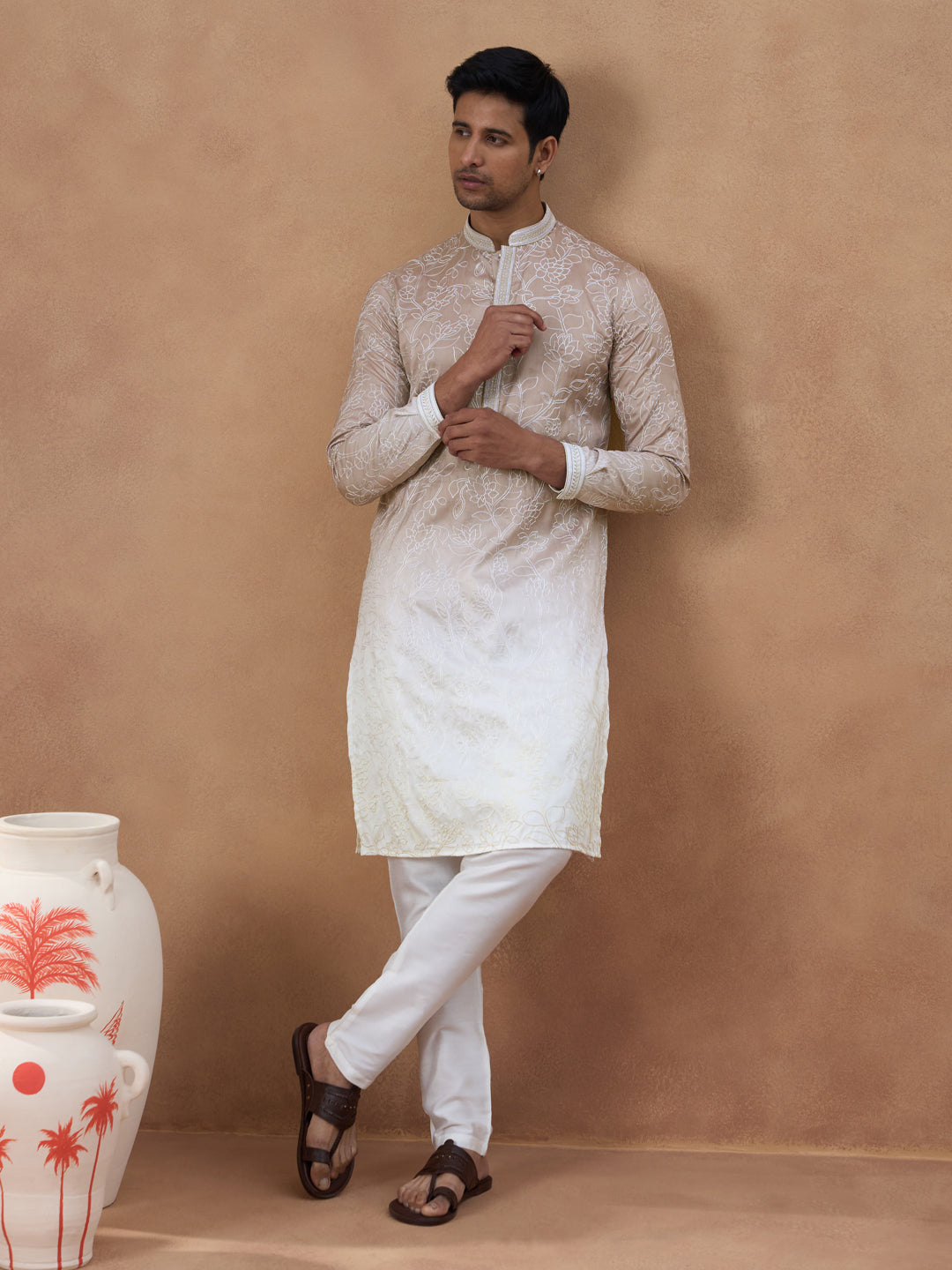 Beige Floral Embroidered Kurta Set