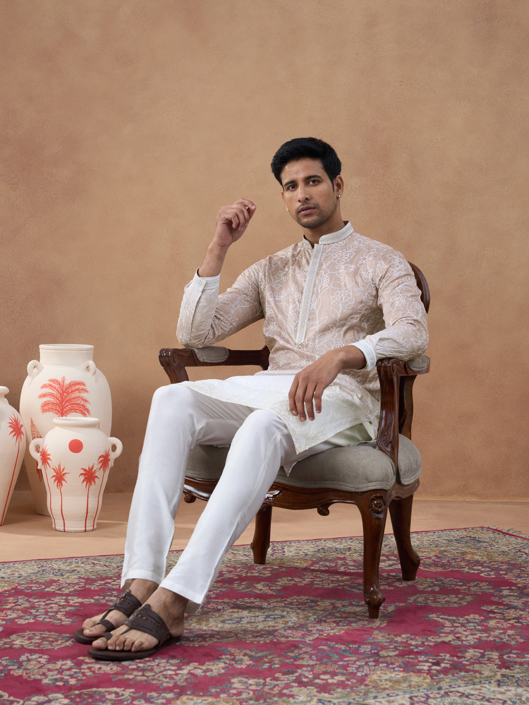 Beige Floral Embroidered Kurta Set