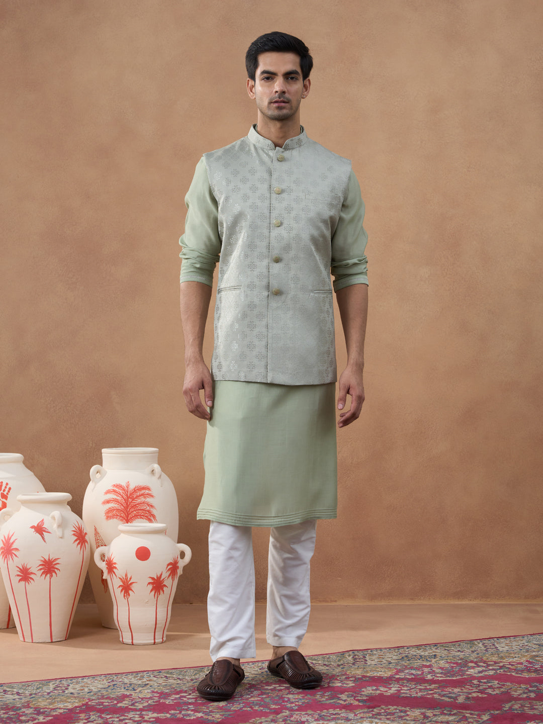 Light Green Jacquard Jacket Kurta Set