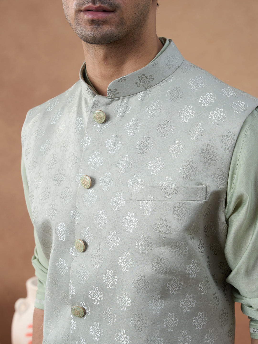 Light Green Jacquard Jacket Kurta Set