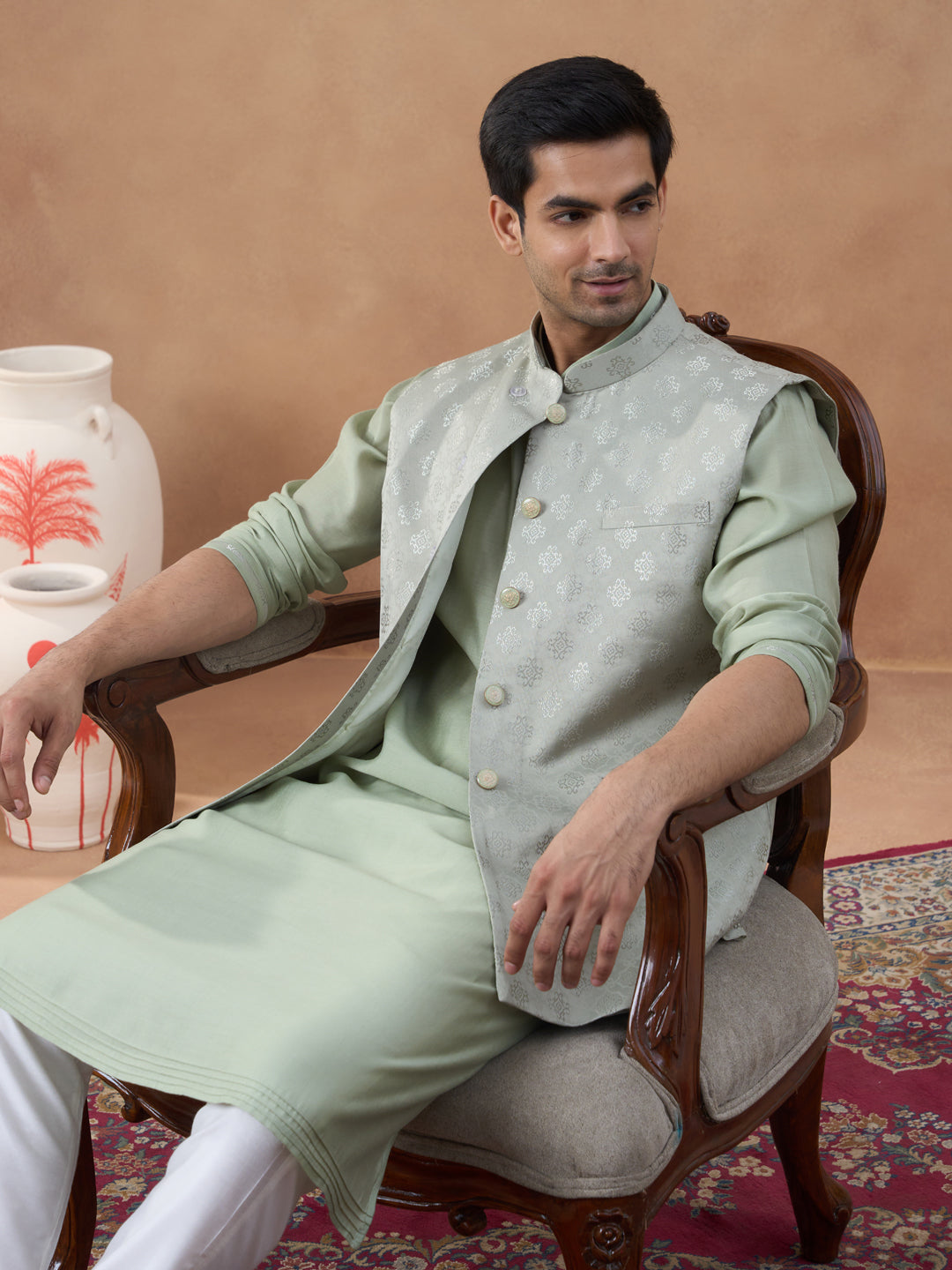 Light Green Jacquard Jacket Kurta Set