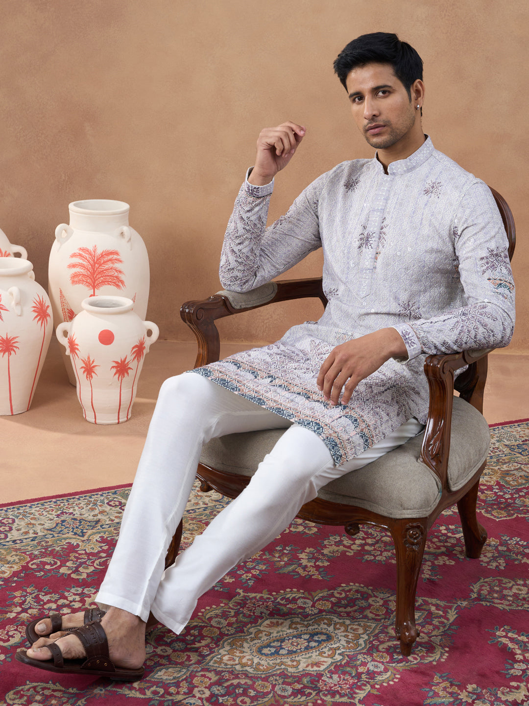 Light Grey Textured Kurta Set