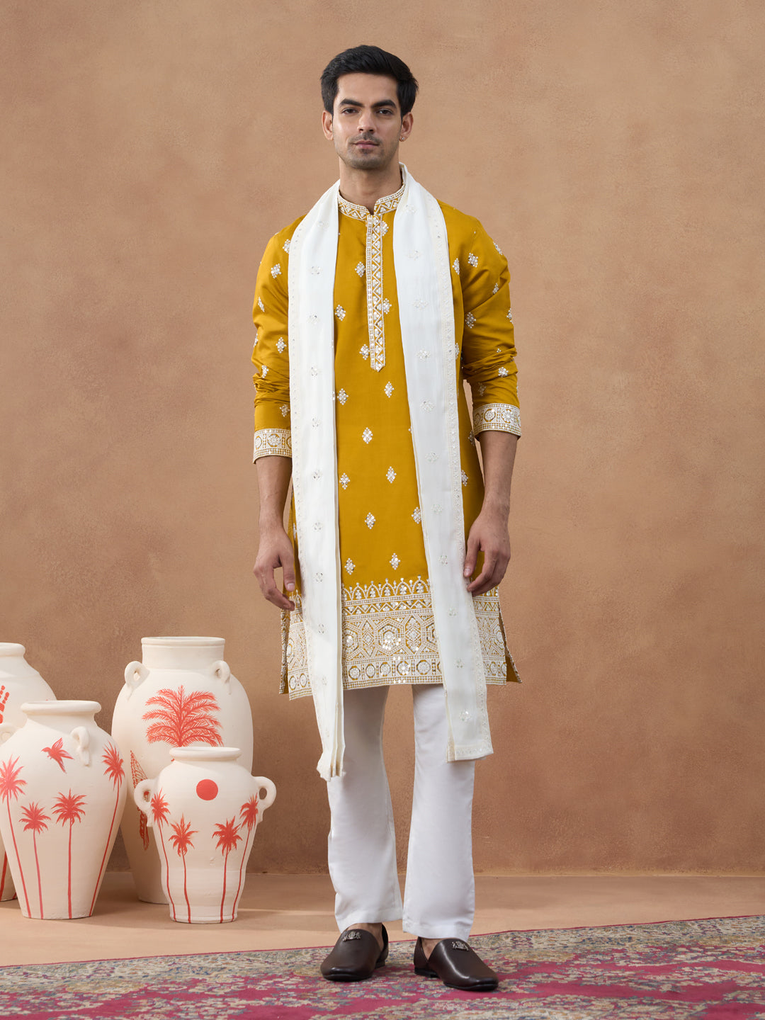 Mustard Sequin-Embroidered Kurta Set
