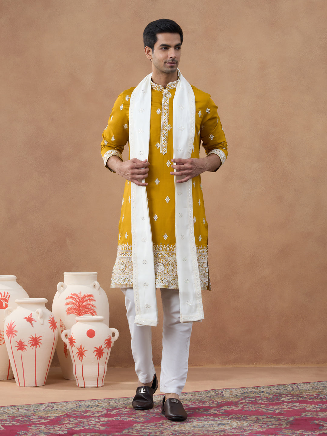 Mustard Sequin-Embroidered Kurta Set