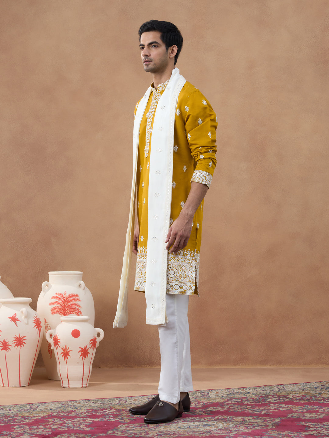 Mustard Sequin-Embroidered Kurta Set