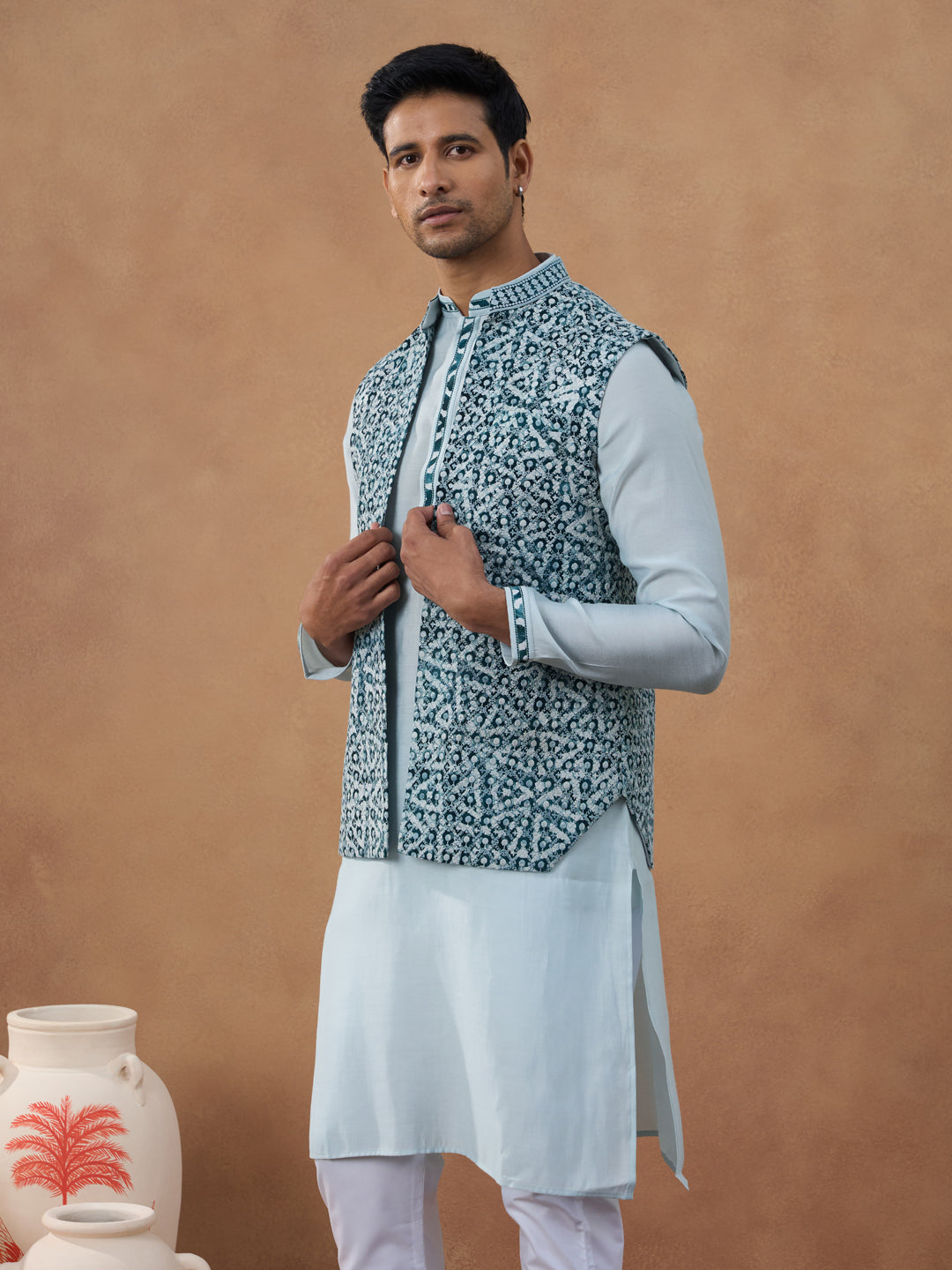 Light Blue Ikat Print Bundi With Kurta Set