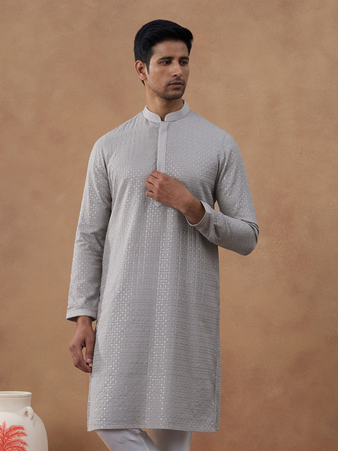 Grey Self-Texture Sequin Kurta Set