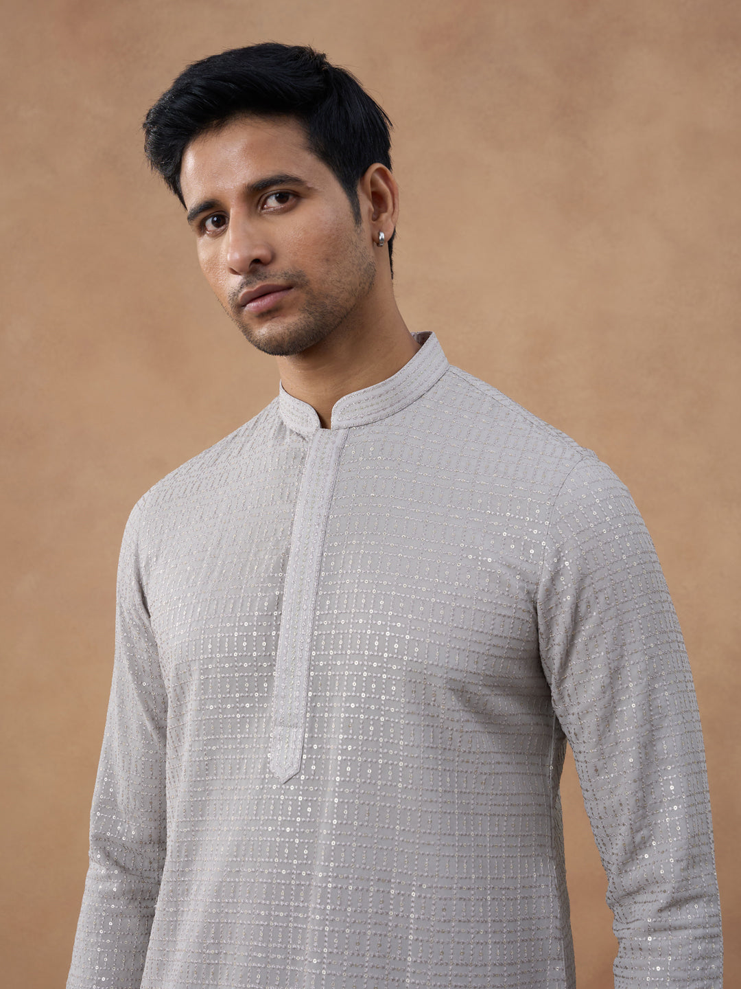 Grey Self-Texture Sequin Kurta Set