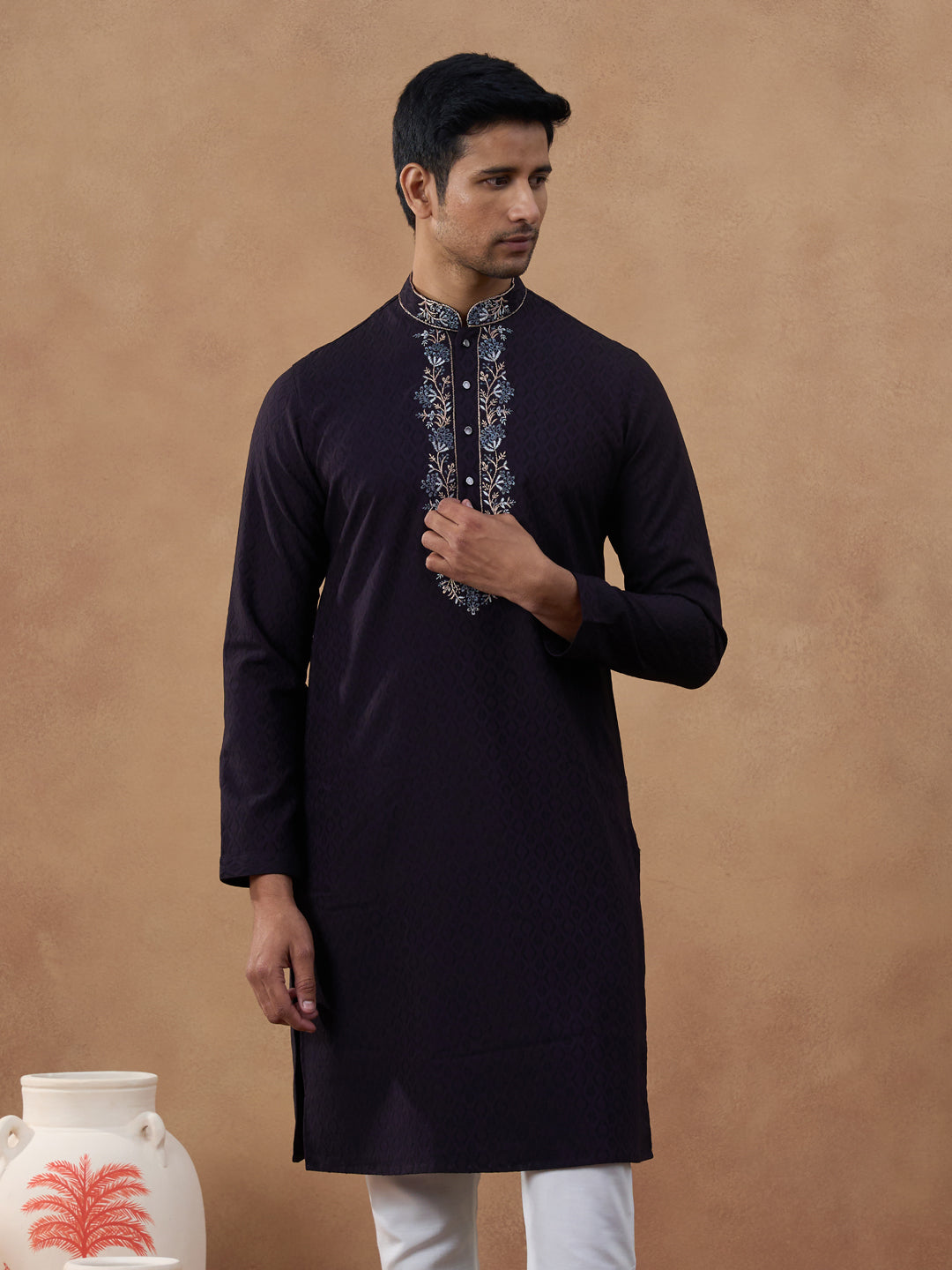 Dark Chocolate Brown Embroidery Kurta Set