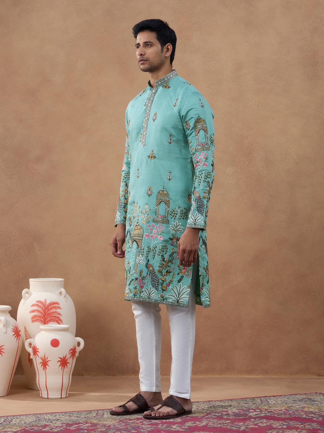 Aqua Green Heritage Embroidered Kurta Set