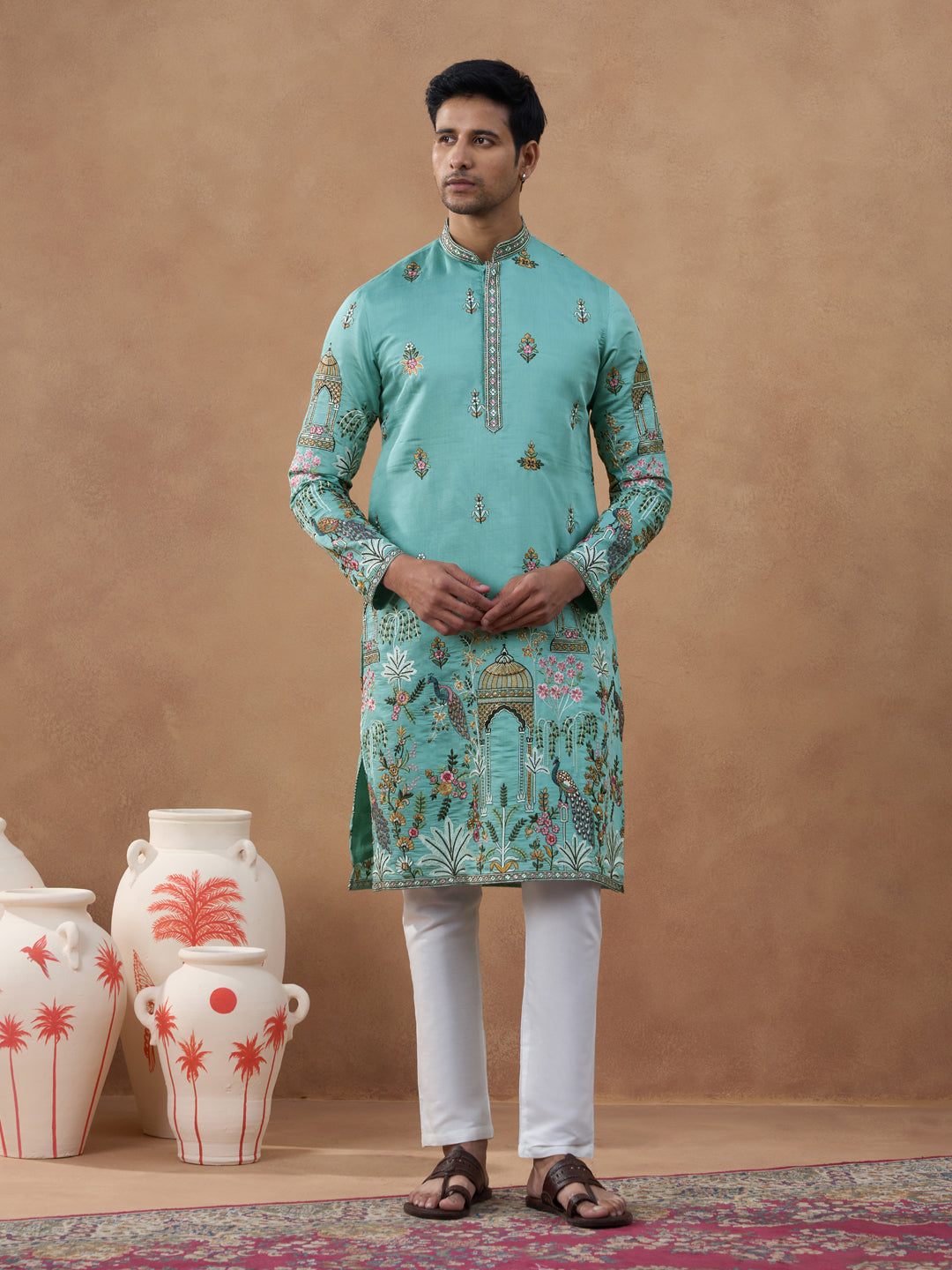 Aqua Green Heritage Embroidered Kurta Set