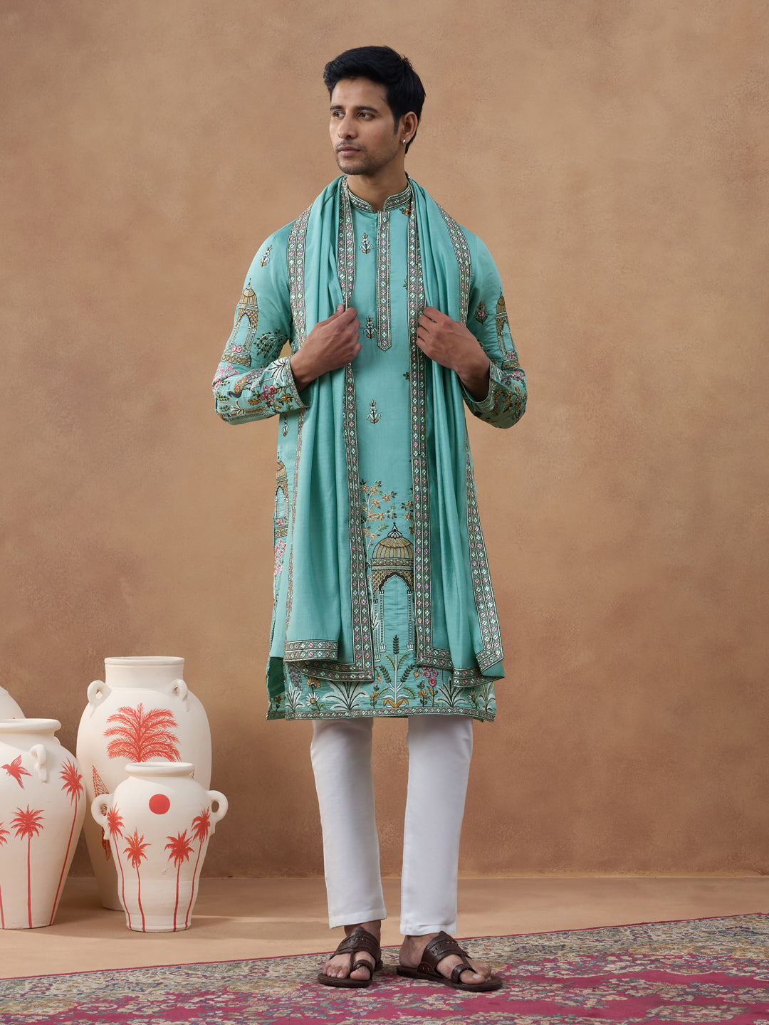 Aqua Green Heritage Embroidered Kurta Set