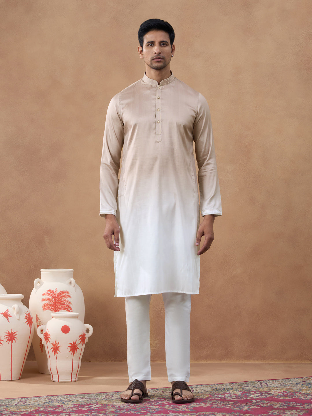 Beige Embroidered Long Jacket Kurta Set