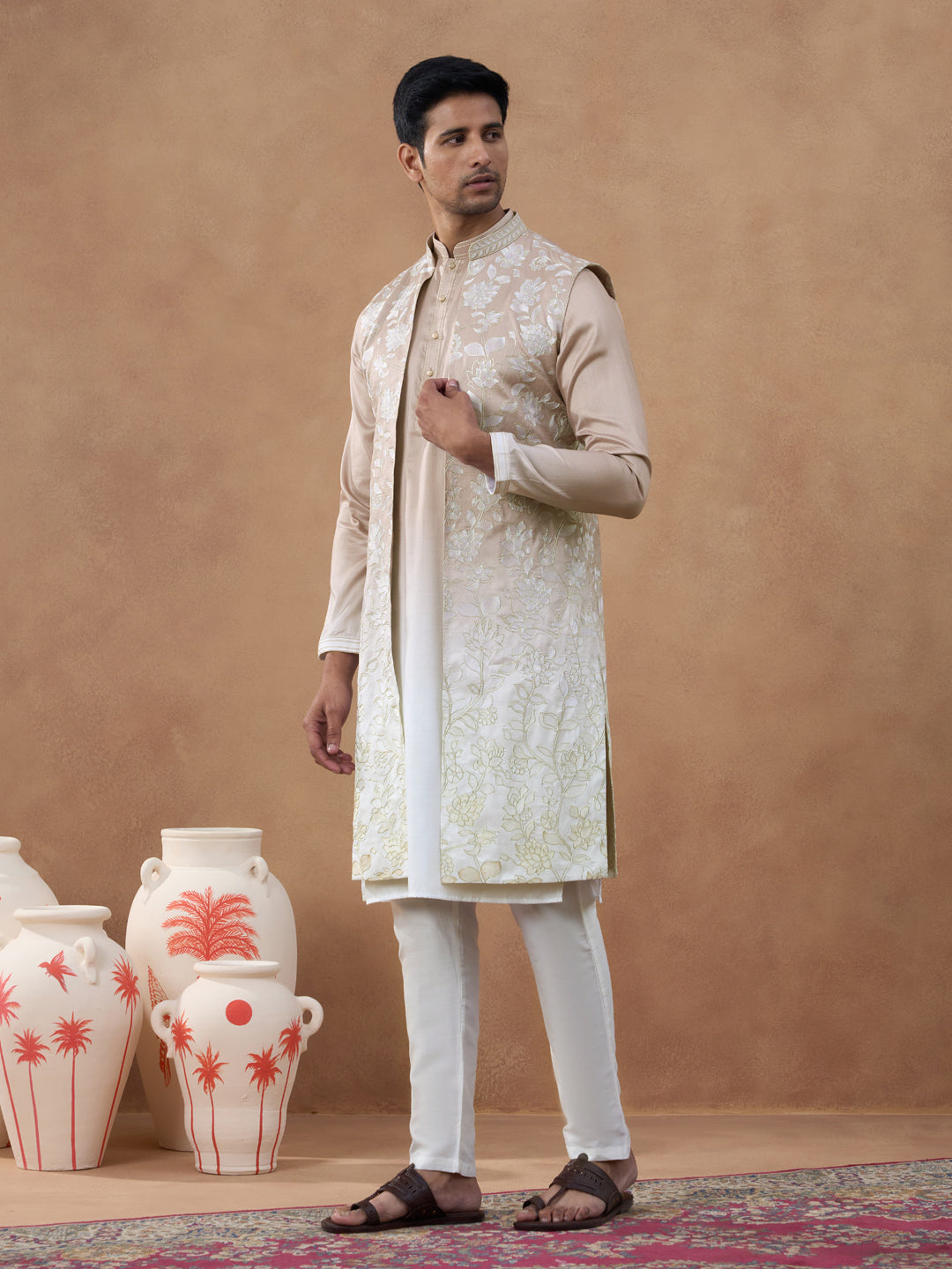 Beige Embroidered Long Jacket Kurta Set