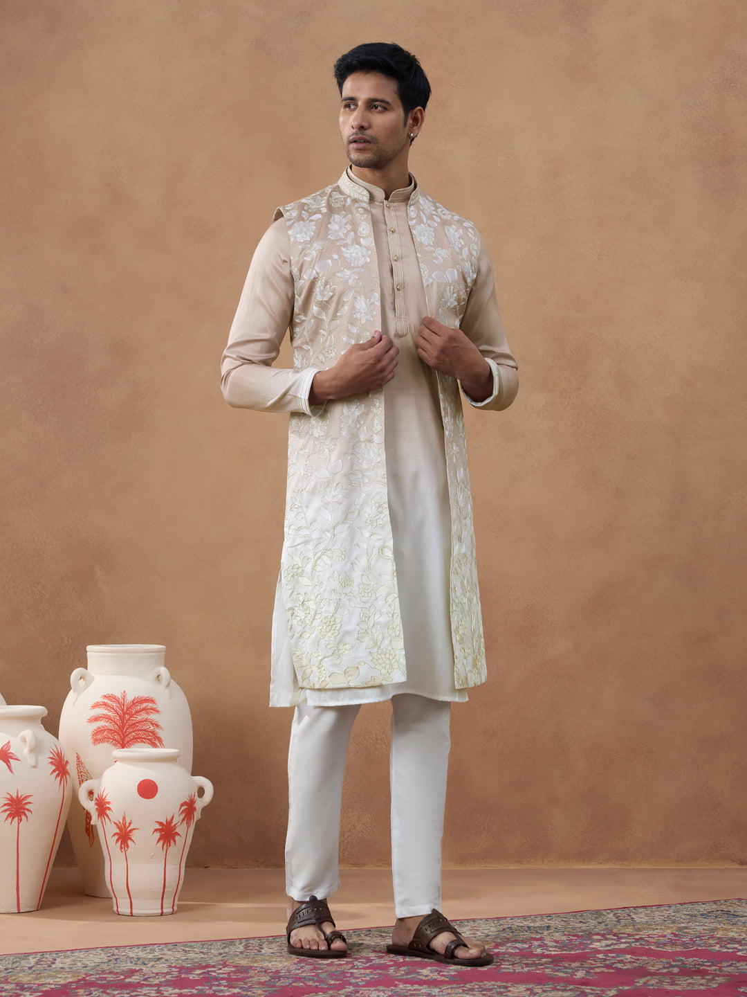 Beige Embroidered Long Jacket Kurta Set