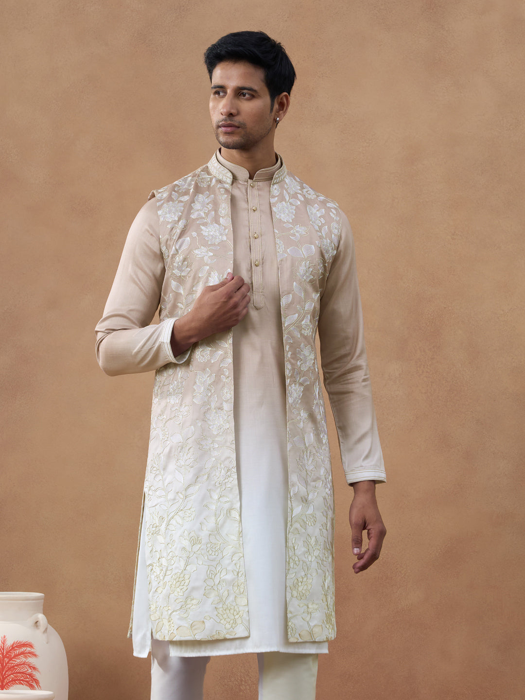 Beige Embroidered Long Jacket Kurta Set