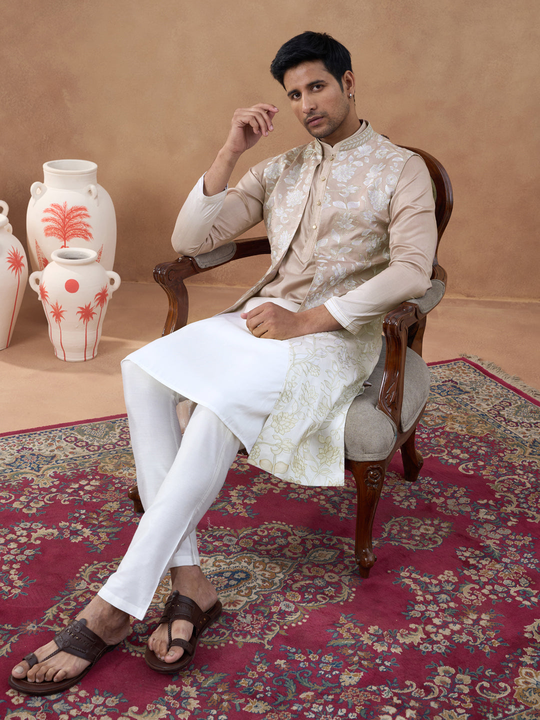 Beige Embroidered Long Jacket Kurta Set