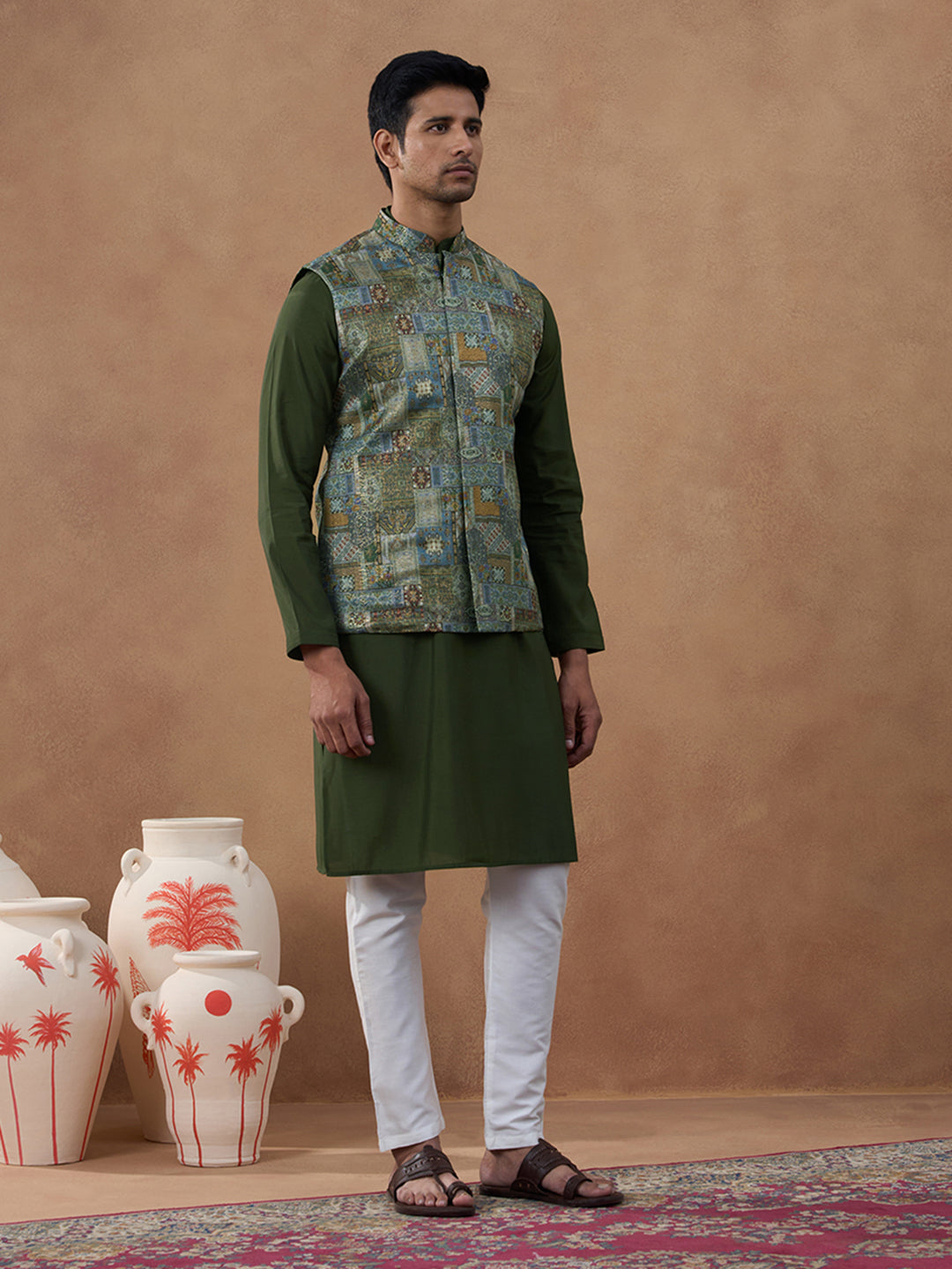 Green Printed Bundi Kurta Set