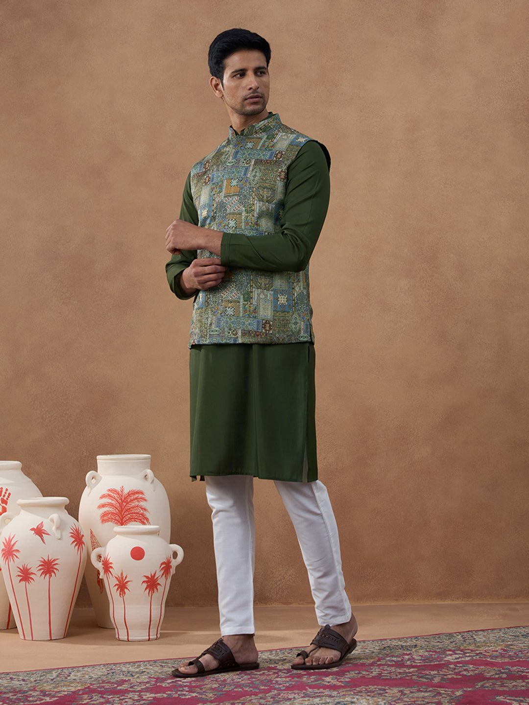 Green Printed Bundi Kurta Set