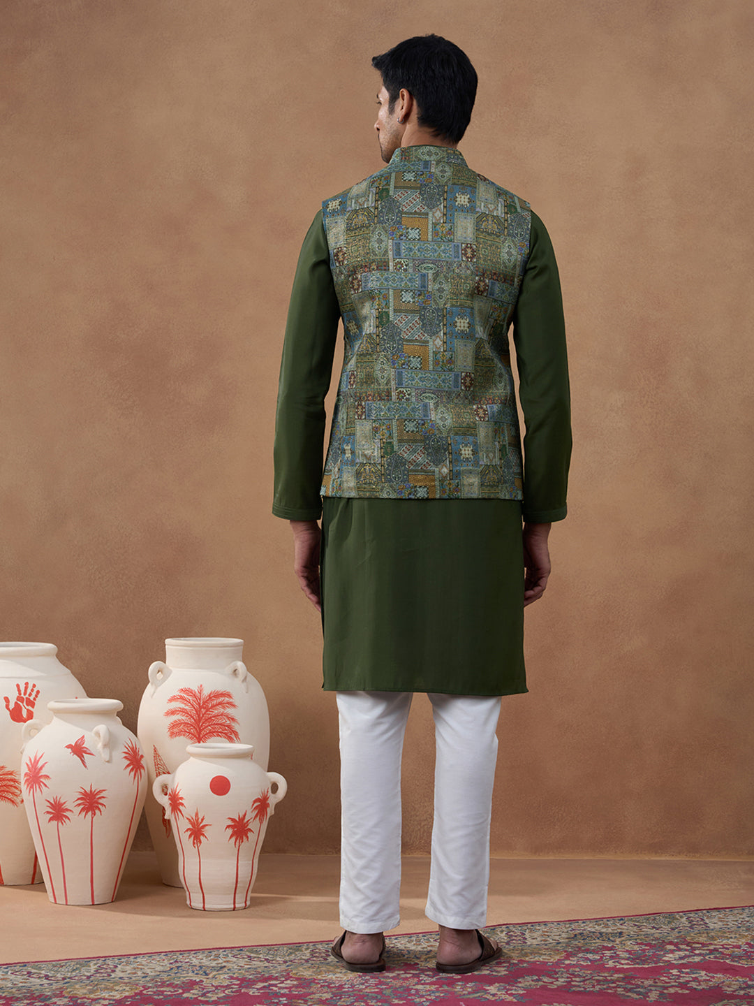 Green Printed Bundi Kurta Set