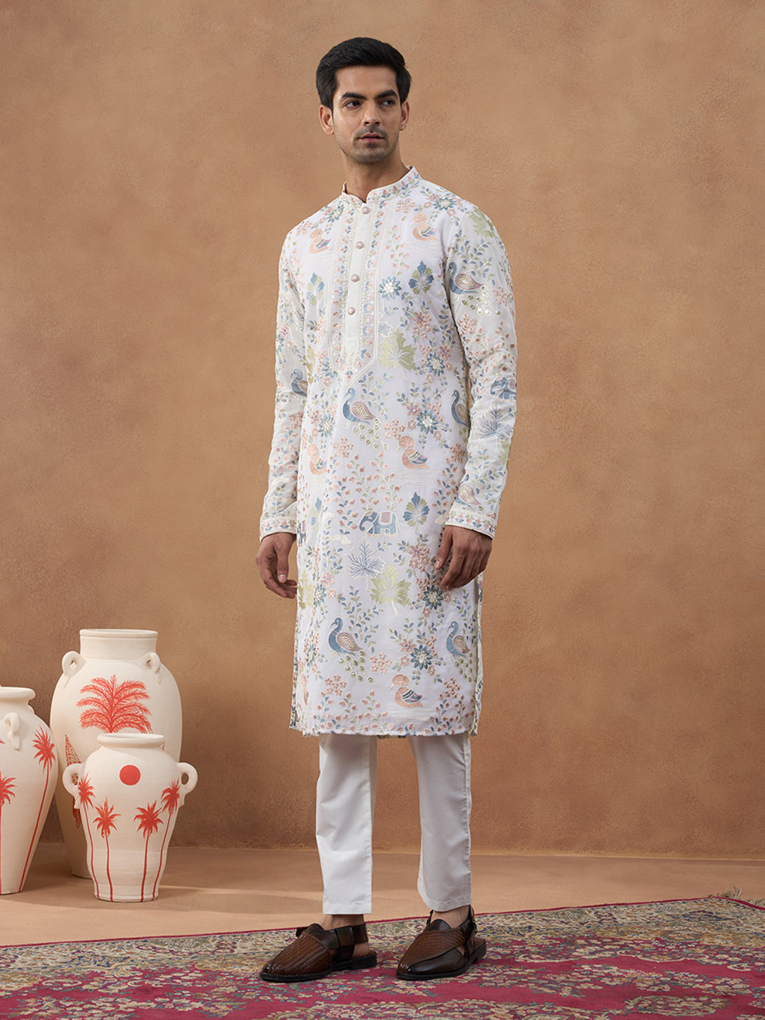Cream Floral Embroidered Kurta Set