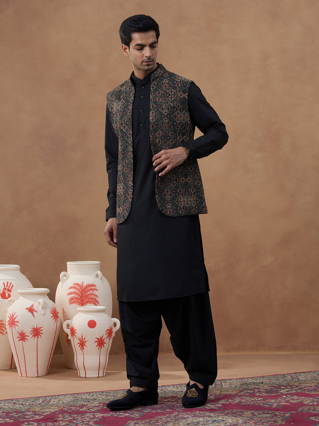 Multi-Colour Green Bundi with Classic Black Pathani Set