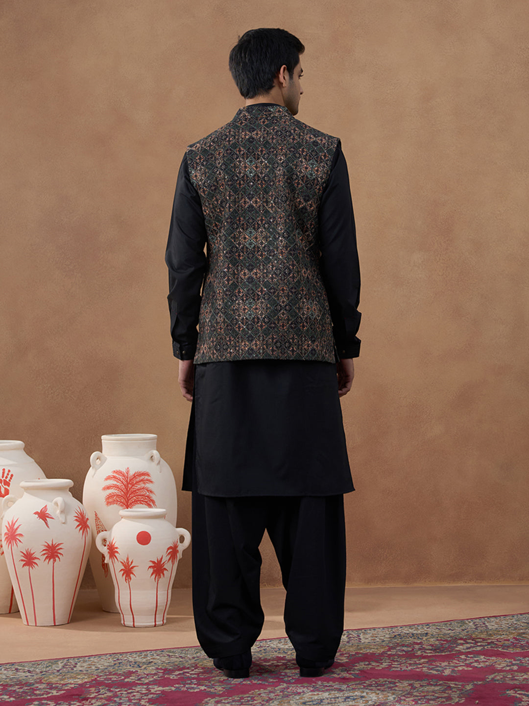 Multi-Colour Green Bundi with Classic Black Pathani Set