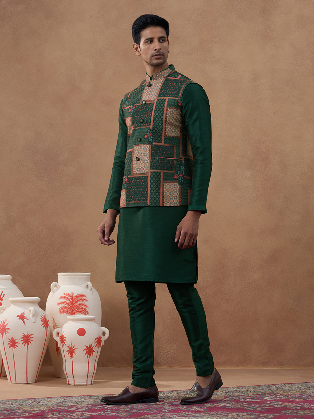 Forest Green Printed Bandi Kurta Set