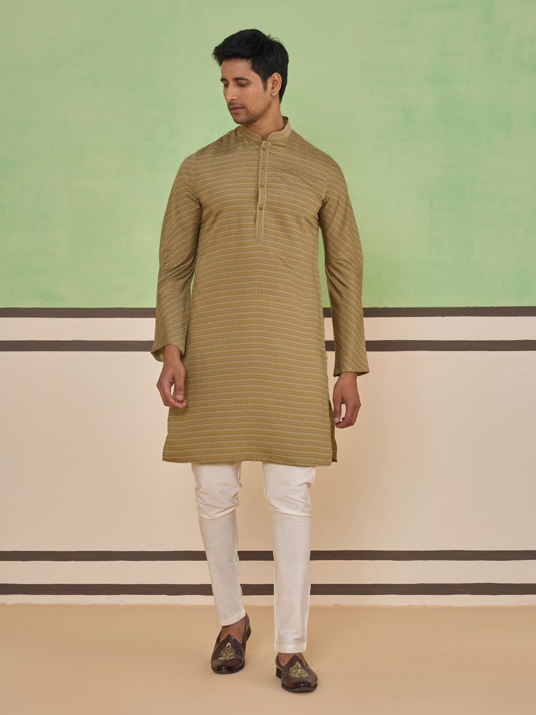 Brown Textured Striped Kurta Set