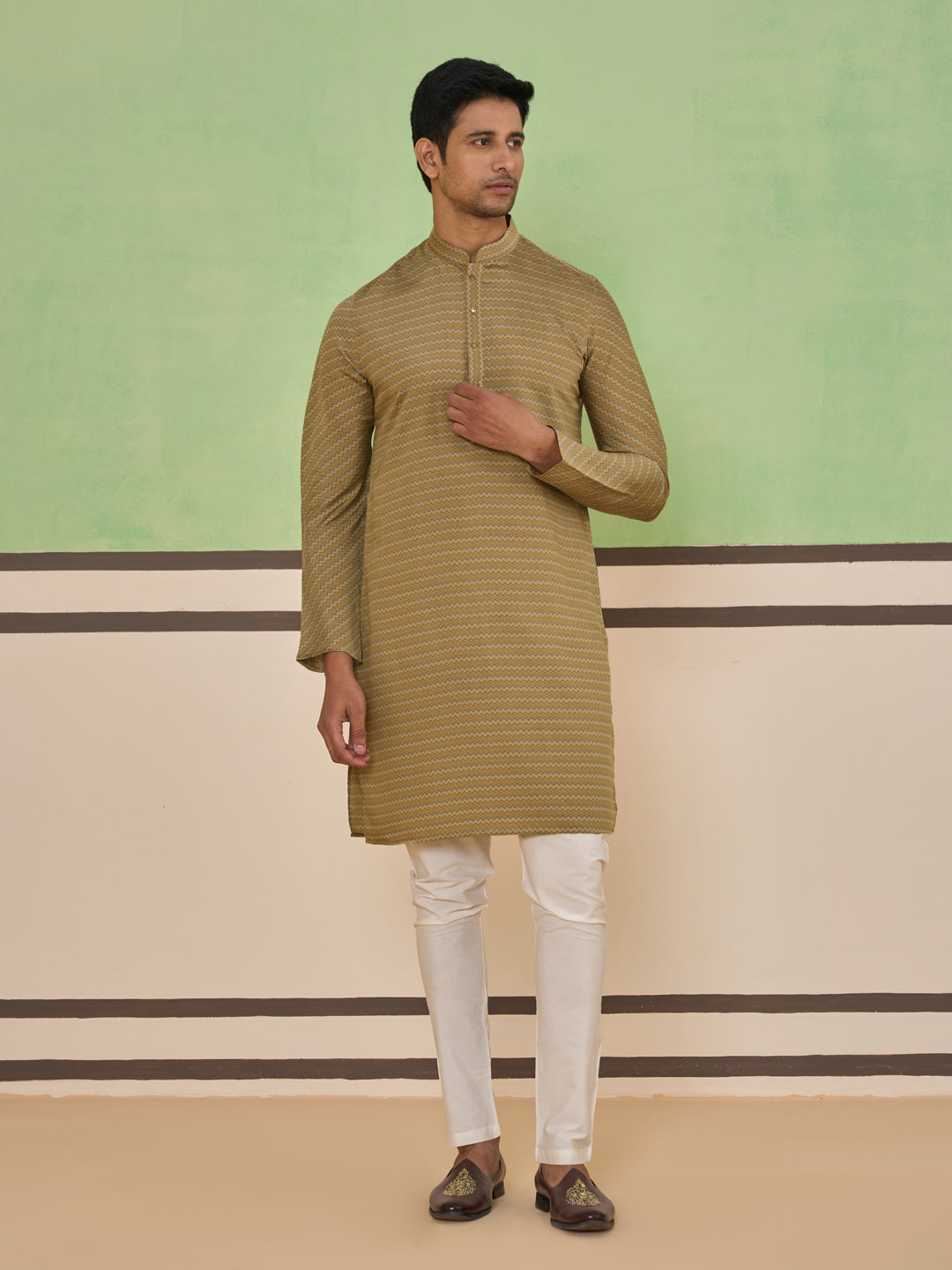 Brown Textured Striped Kurta Set